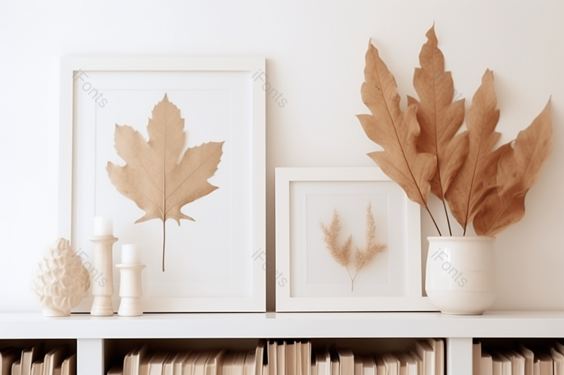 室内背景海报玻璃花瓶与花枝在桌子上的白色镶板墙实拍摄影图,高清,摄影图,摄影图片,图片大全,摄影图免费下载